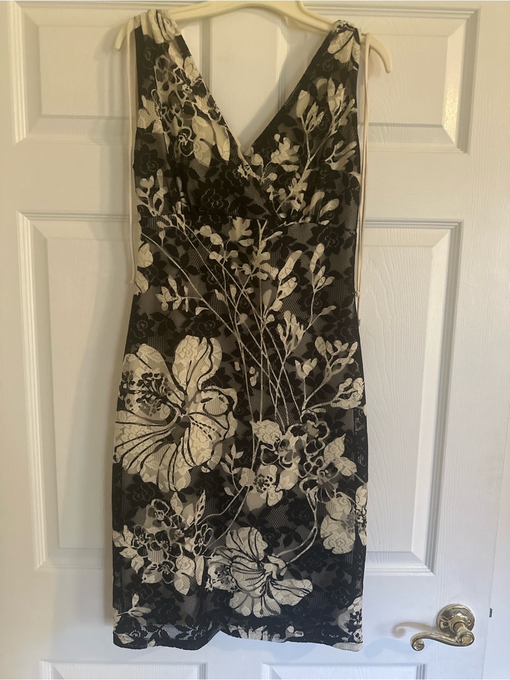 V-Neck Floral Lace Mini Dress in Black & Cream